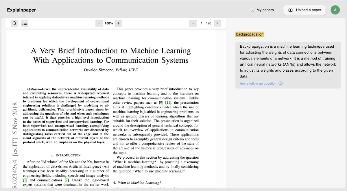 نمایی از رابط کاربری Explainpaper