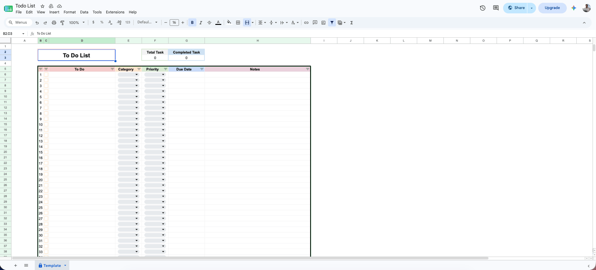 خرید قالب یا تمپلیت Todo List (نظم‌دهنده شخصی) گوگل شیت