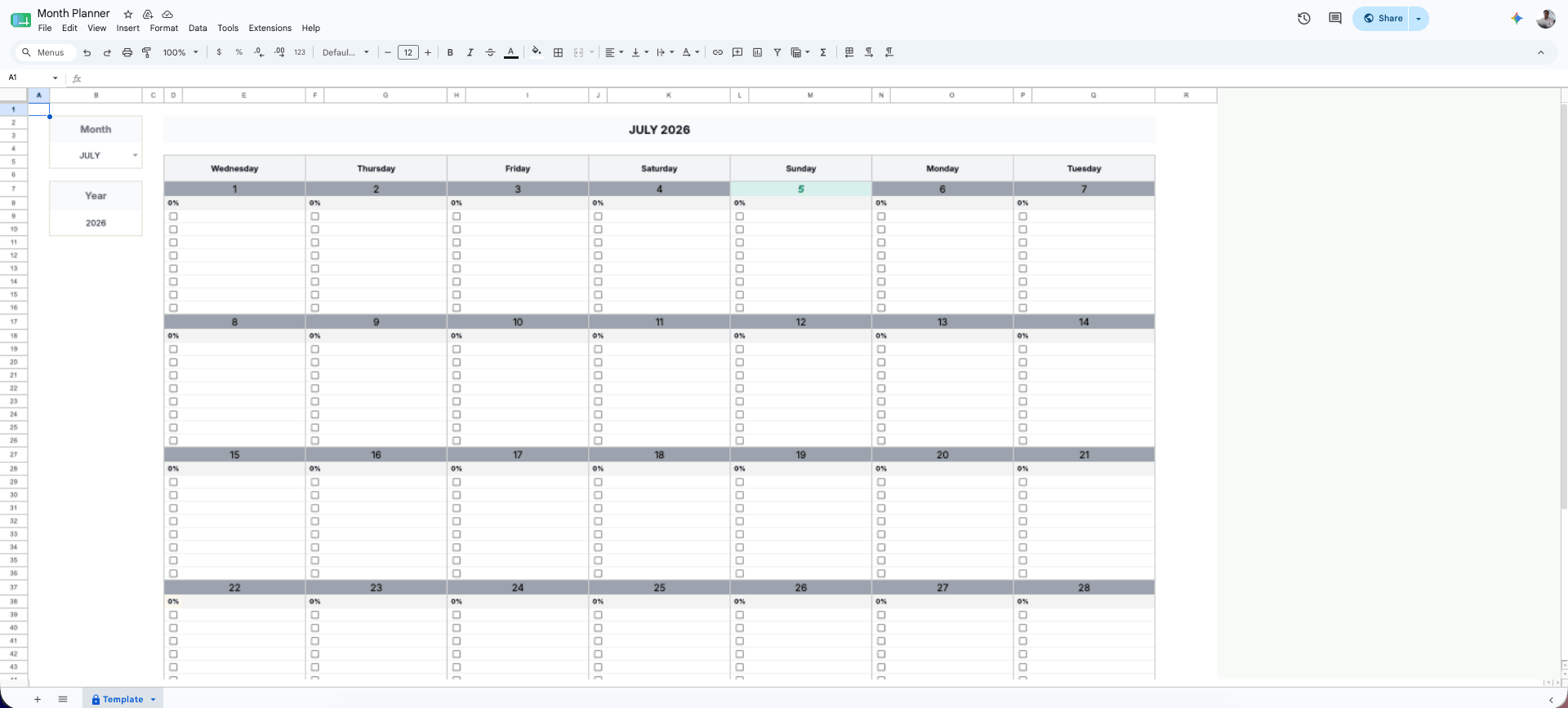 خرید قالب یا تمپلیت Month Planner (برنامه‌ریز ماهانه) گوگل شیت