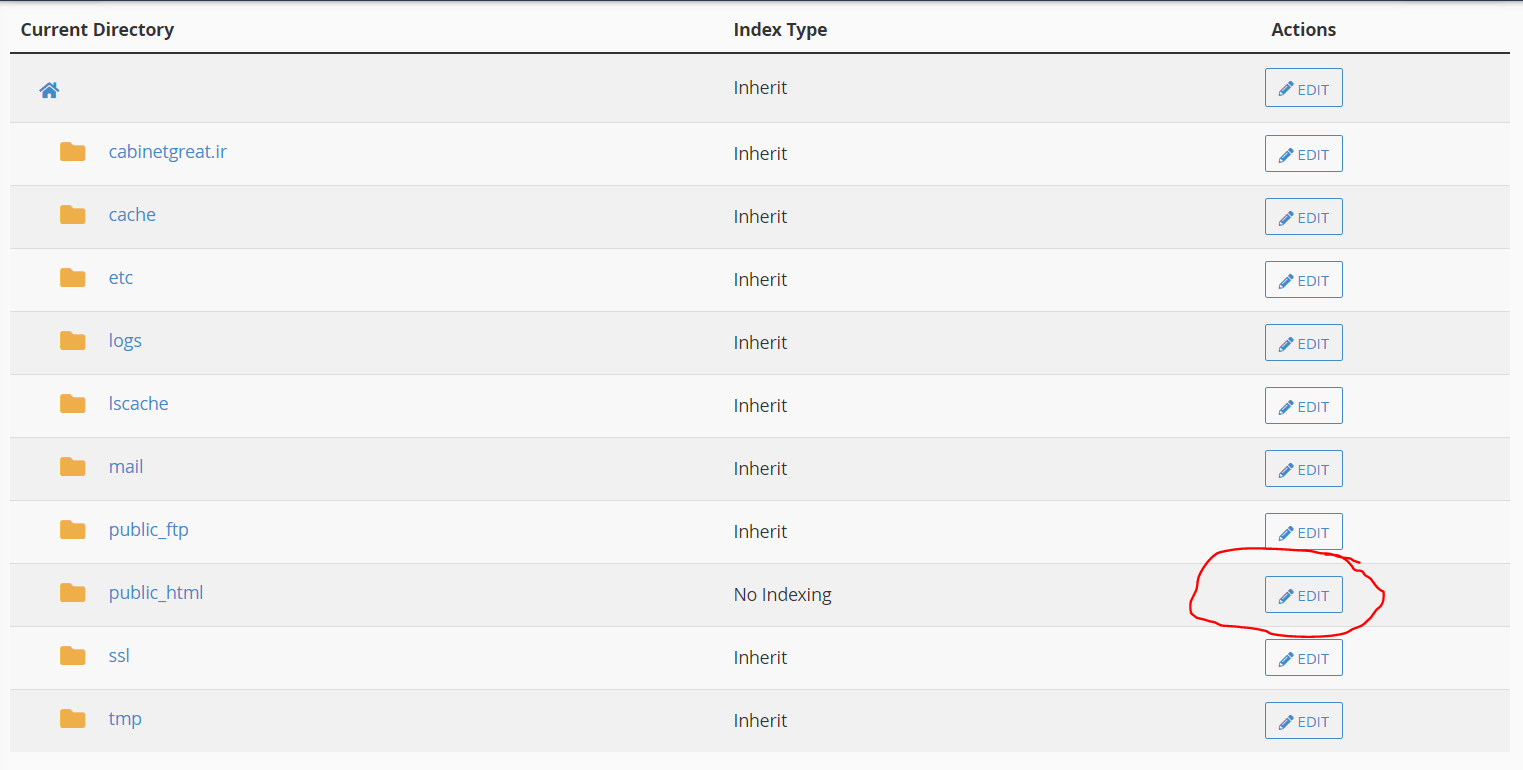 صفحه‌ی بخش Indexes پنل سی پنل