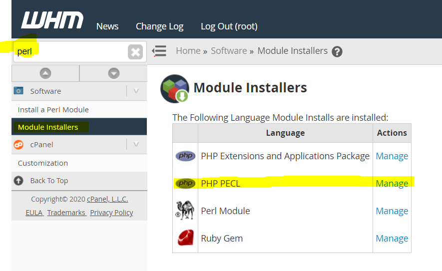 بخش module installers در whm