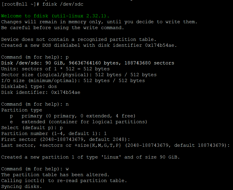 اجرای دستور fdisk /dev/sdc برای پارتیشن‌بندی دیسک