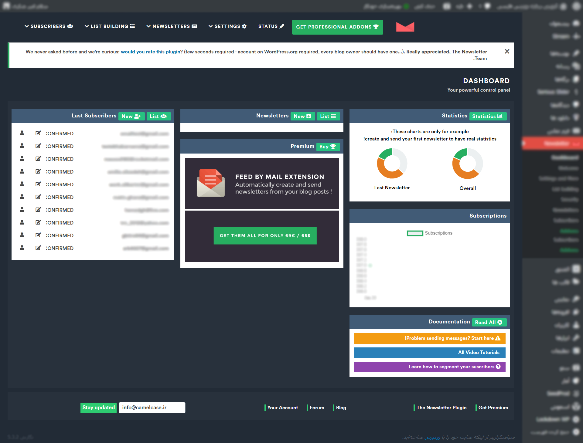 داشبورد افزونه - افزونه خبرنامه وردپرس